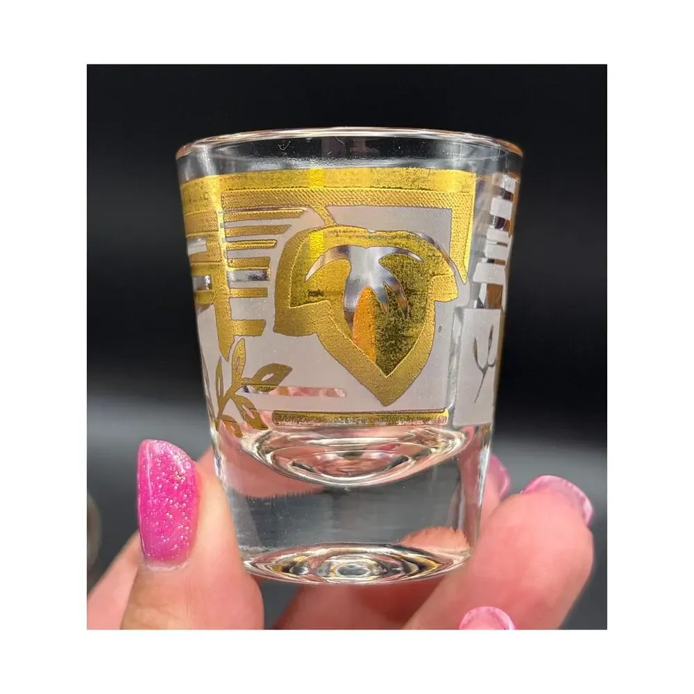 Hollywood Regency Gold Leaf Frosted Shot Glasses Set of Two Retro Bar Essentials